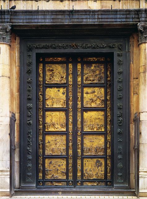 Lorenzo Ghiberti, east doors (Gates of Paradise), baptistery, Florence, Italy, 1425-1452, Gilded bronze, 17' high. Modern copy, ca. 1980. Original panels in Museo dell'Opera del Duomo, Florence. Florence Baptistery, Gates Of Paradise, Lorenzo Ghiberti, Paint Clay, Egyptian Painting, Duomo Florence, Historical Timeline, Gates Of Hell, Auguste Rodin