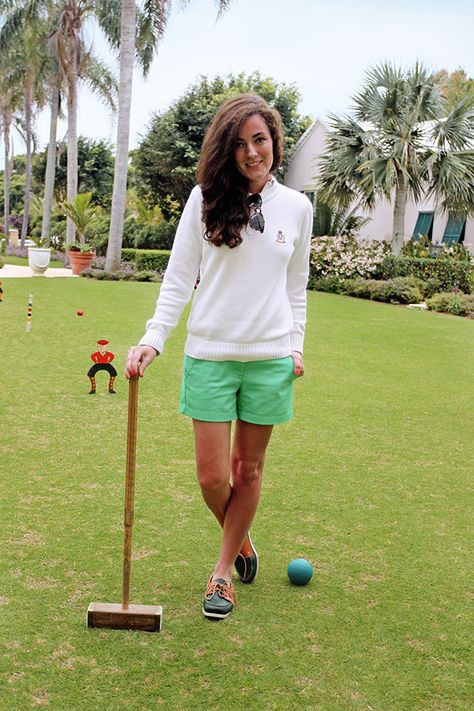 Shirt: Banana Republic  Skirt: Banana Republic Shoes: J.Crew Bag: Frank Clegg Belt: Vintage Bracelets: Banana Republic Kiel James Patrick J.Crew Croquet Outfit, Croquet Party, Country Club Attire, Country Club Casual, Classy Girls Wear Pearls, Prep Style, Wear Pearls, Golf Attire, Classy Girl