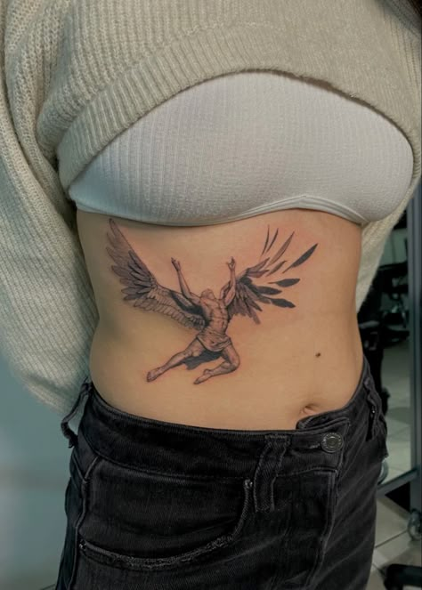 Fresh fine line Icarus rib tattoo Icarus Rib Tattoo, Fine Line Stomach Tattoo, Rib Cage Tattoos, Rib Cage Tattoo, Abdomen Tattoo, Ribs Tattoo, Icarus Tattoo, Cage Tattoo, Ribcage Tattoo