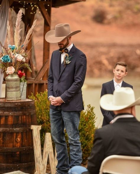 Grooms Cowboy Outfit, Charro Wedding Suit Grooms, Western Wedding Groomsmen Navy Blue, Suits And Cowboy Boots, Navy Blue Suit Jacket With Jeans Wedding, Cowboy Ring Bearer, Western Formal Wear Men, Groom Western Outfit, Country Wedding Guest Outfit Men