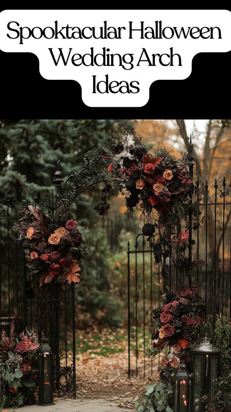 A gothic-style Halloween wedding arch decorated with dark florals, candles, and eerie details, creating a spooky yet elegant backdrop for a haunted wedding ceremony. Spooky Wedding Arch, Halloween Wedding Backdrop, Halloween Wedding Photo Booth, Gothic Halloween Wedding Ideas, Elegant Halloween Wedding Decorations, Halloween Wedding Arch, Halloween Wedding Reception Decorations, Gothic Wedding Arch, Unique Wedding Arch