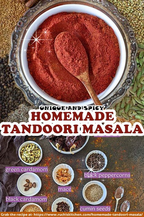 Make your very own Homemade Tandoori Masala with this simple and easy step-by-step recipe. This Tandoori masala is made with assorted spices that lend their unique flavors and aromas to any dish! #glutenfreespicemix, #homemade #tandoorimasala #veganspicemix #Indiantandoorimasala Tandoori Masala Recipe, Masala Spice Blend, Tandoori Paste, Tandoori Recipes, Homemade Spice Mix, Spice Mix Recipes, Masala Spice, Homemade Spice Blends, Tandoori Masala