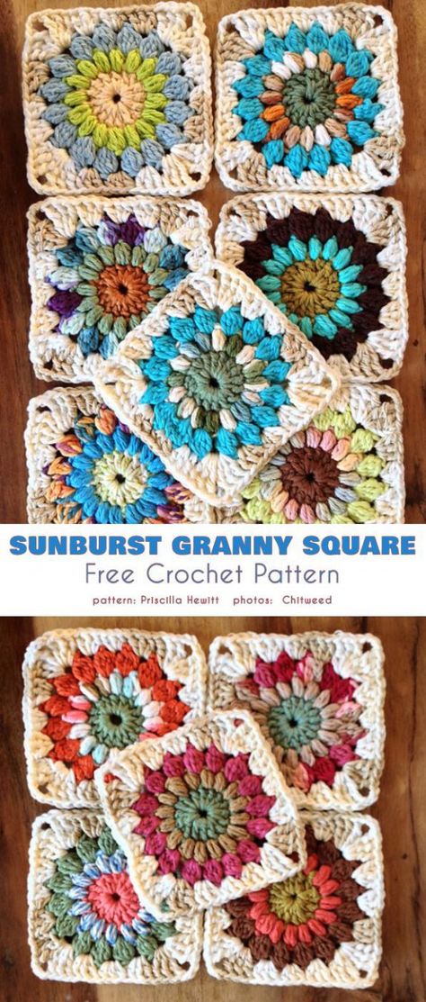 Crochet Starburst Granny Square Free Pattern, Sunflower Crochet Square Patterns, Crochet Grammy Square Blanket Patterns, Round Granny Square Pattern, Sun Burst Crochet Granny Squares, Granny Square Sunburst Pattern, Crochet Sunburst Granny Square Free Pattern, Crochet Sunburst Granny Square Pattern, Crochet Circle In A Square Free Pattern