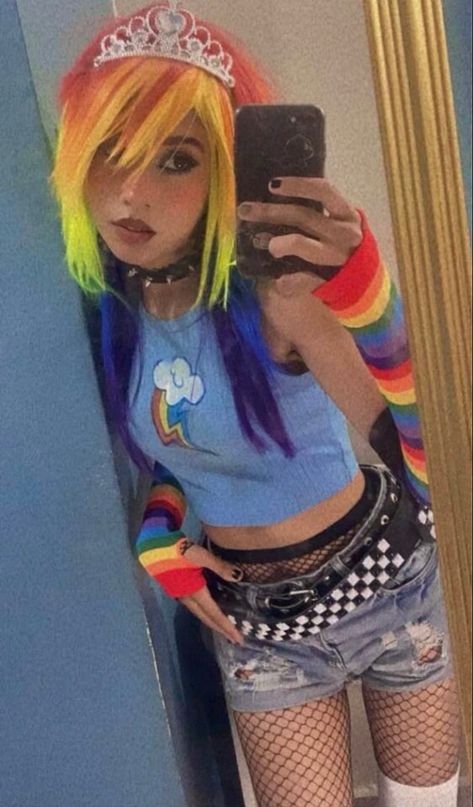 Rainbow Bright Cosplay, Rainbow Emo Hair, Scene Clothes Aesthetic, Scene Rainbow Hair, Scene Kid Shirt, Rainbow Dash Outfit Ideas, Short Hair With Two Long Strands, Bright Fashion Aesthetic, Pastel Scenecore