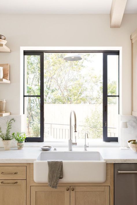 Kitchen Window Ideas Sink Open Shelving, Pocket Window Kitchen, Sliding Window Over Kitchen Sink, Window By Sink Kitchen, Kitchen Under Window Ideas, Small Kitchen Window Over Sink Open Shelves, Cabinets Around Window Kitchen, Kitchen Sink Under Window Ideas, Sink Under Window Kitchen