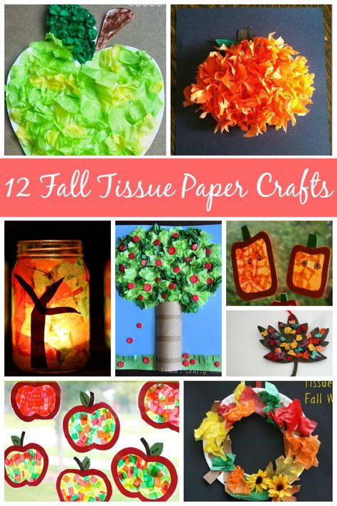 Fall Tissue Paper Crafts for Kids! Simple but fun and creative crafts to do with toddlers and preschoolers this September and October using tissue paper! From apples to pumpkins and more! #tissuepapercrafts #tissuepapercraft #kidscrafts #fallcrafts #preschool Thanksgiving Tissue Paper Crafts, Tissue Paper Craft Preschool, Tissue Paper Thanksgiving Crafts, Fall Tissue Paper Crafts, Tissue Paper Crafts For Toddlers, Fall Tissue Paper Crafts For Kids, Tissue Paper Pumpkins, September Arts And Crafts For Kids, Craft Ideas For Classroom