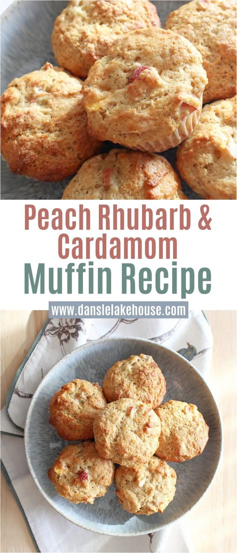 Peach Rhubarb Muffins with Cardamom. Looking for new rhubarb recipes? Love rhubarb desserts? Make these delicious rhubarb muffins with a twist! Easy rhubarb muffin recipe with cardamom to an add unexpected flavor. Paired with peach, these muffins are a burst of summer in every mouthful. Find more summer recipes on the blog, including the printable recipe for these rhubarb peach muffins. Peach And Rhubarb Recipes, Peach Rhubarb Recipes, Rhubarb Peach Recipes, Peach Rhubarb, Recipes Rhubarb, Rhubarb Cookies, Cardamom Recipe, Rhubarb Muffins, Peach Muffins