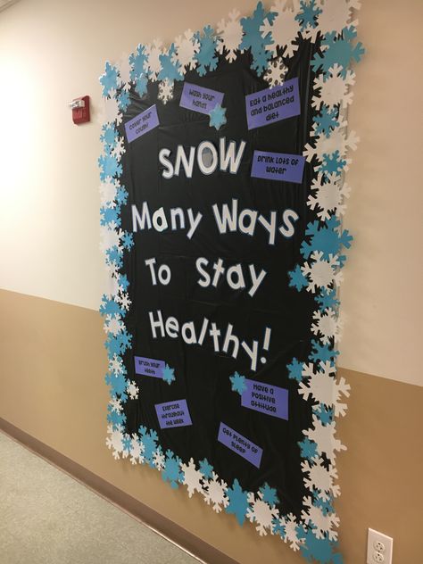 Christmas Elementary Bulletin Boards, Winter Work Bulletin Board Ideas, Christmas Hospital Bulletin Board, November/december Bulletin Boards, Winter Health Bulletin Boards, School Nurse Bulletin Board High School, Winter Bulletin Boards For High School, Winter School Nurse Bulletin Board, Cute Winter Bulletin Board Ideas