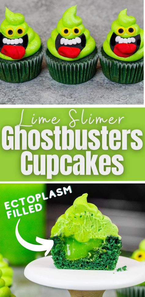 Slime Filled Cupcakes, Fun Halloween Baking Recipes, Ghostbusters Snacks, Cool Halloween Cupcakes, Halloween Cupcake Recipes Easy, Edible Haunted House, Cupcake Wars Theme Ideas, Halloween Cake And Cupcake Ideas, Eye Ball Cupcakes