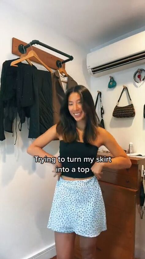 Turn A Skirt Into A Top, Turning A Skirt Into A Top, Skirt To Top Diy, How To Make Skirt Shorter, Tank Top Into Skirt, Skirt Into Top, Skirt Hacks, Skirt As A Top, Dress Into Skirt