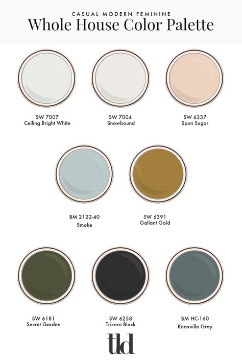 Modern Vintage Color Scheme, Studio Mcgee Living Room Paint Colors, House Color Schemes Interior Modern, Modern Colonial Color Palette, Whole House Design Scheme, While House Color Palette, Transitional Color Palette For Home, House Color Pallet Interiors, French Cottage Color Palette