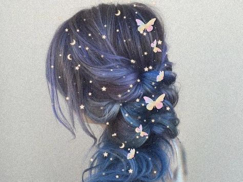 Spacecore Hairstyle, Cute Fantasy Hairstyles, Pretty Fancy Hairstyles, Galaxy Theme Hairstyle, Water Inspired Hairstyles, Space Hair Accessories, Galaxy Hair Accessories, Space Themed Hairstyles, Mythical Hairstyles