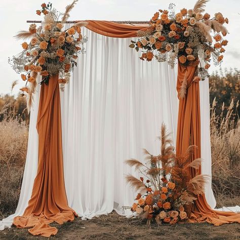 Diy Wedding Backdrop Cheap, Altar Backdrop, Diy Backdrop Ideas, Fall Wedding Ceremony Decorations, Orange Wedding Decorations, Terra Cotta Wedding, Ceremony Arch Decor, Boho Wedding Backdrop, Fall Wedding Arches