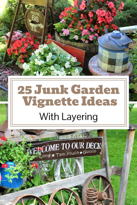 Rustic Flower Bed Ideas, Junk Garden Ideas, Primitive Garden Ideas, Garden Gate Decor, Decorating With Junk, Garden Vignettes, Old Garden Tools, Junk Garden, Upcycled Decor