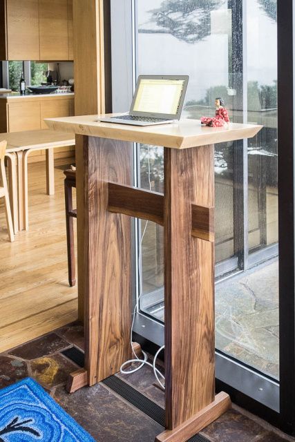 A minimalist modern wood standing desk for home office- wood writing desk, writing desk for standing, desk w/ live edge stretcher- handmade wood furniture Tall Desk, Modern Wood Desk, Diy Standing Desk, Handmade Wood Furniture, Modern Wood Furniture, Wood Writing, Desk Modern, Desk Diy, Wood Writing Desk