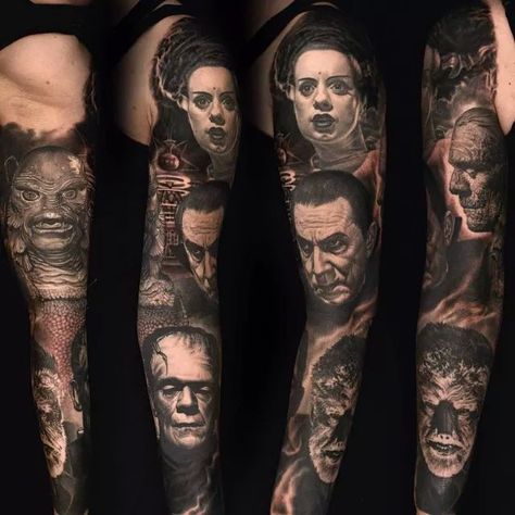 . Universal Monsters Tattoo, Dracula Tattoo, Nikko Hurtado, Horror Movie Tattoos, Monster Tattoo, Movie Tattoo, Full Sleeve Tattoo Design, Movie Tattoos, Back Of Shoulder Tattoo