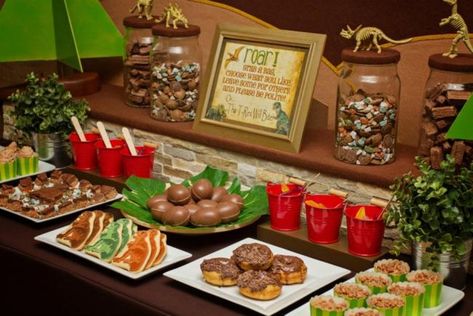 Dinosaur Birthday Party + Dessert Table | Spaceships and Laser Beams Good Dinosaur Birthday Party, Toddler Entertainment, Dinosaur Party Games, Boy Birthday Party Ideas, Birthday Party Dessert Table, Explorer Birthday Party, Dinosaur Roar, Dino Dig, Hosting Ideas