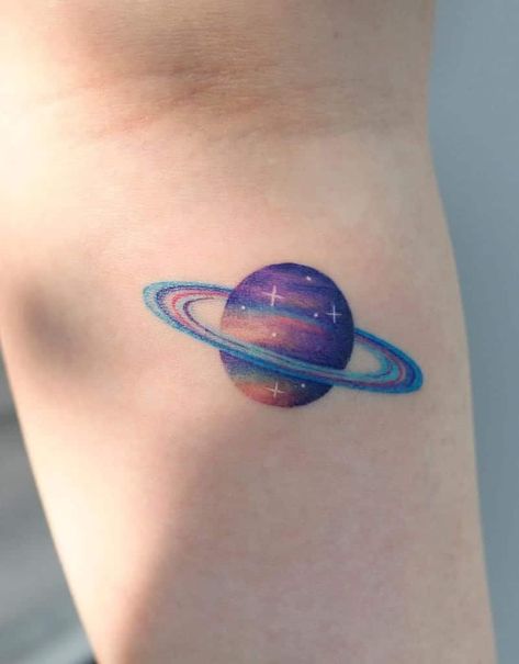 Purple Tattoo On Dark Skin, Purple Tattoo Ideas, Dark Blue Tattoo, Purple Ink Tattoo, Small Colorful Tattoos, Boho Tattoo, Planet Tattoo, Saturn Tattoo, Purple Tattoos