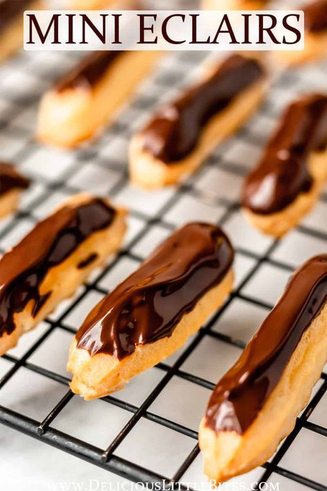 Mini Eclairs are simply smaller versions of classic eclairs. These two-bite treats are made with classic, French pate a choux pastry, filled with vanilla pastry cream, and topped with a chocolate glaze. They are easy to make and perfect for entertaining. | #eclairs #minieclairs #dessert #baking #pastry #french Cakes 2023, Mini Eclairs, Chocolate Eclairs, Pastry Cream Recipe, Eclair Recipe, Gingerbread Cupcakes, Chocolate Eclair, Chocolate Pastry, Nigella Lawson