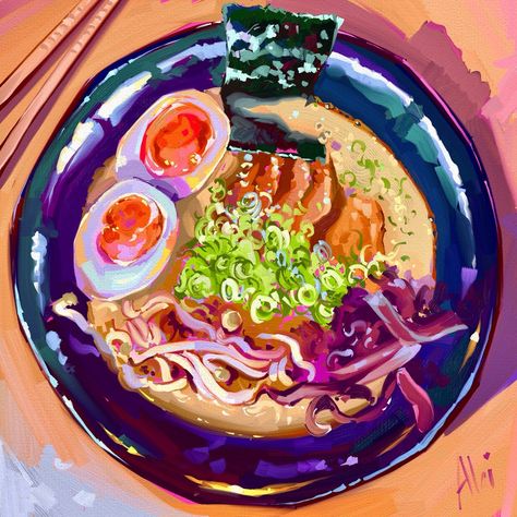 Alai✨Oil painter | Ramen 🍜 for #foodpaintchallenge ➡️ Swipe for reference📸 cat fav part 👀 and rules 💪 ▫️The #foodpaintchallenge has only one rule: to use… | Instagram Ramen Painting, Soup Illustration, Ramen Art, Ipad Painting, Ramen Noodle Soup, Foodie Art, Ramen Soup, Food Painting, Japanese Dishes