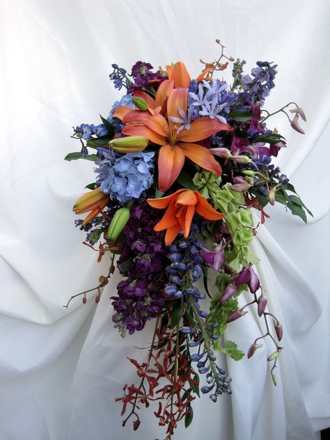 Blue Orange Purple Wedding, Orange Purple Wedding, Turquoise Bouquet, Blue Purple Wedding, Orange Wedding Themes, Orange And Pink Wedding, Purple And Green Wedding, Orange Wedding Colors, Blue Winter Wedding