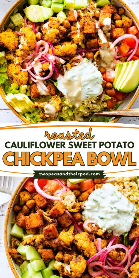 Looking for a quick and easy recipe for dinner? This Roasted Cauliflower, Sweet Potato, and Chickpea Bowl is a delicious and healthy recipe! Add this to your simple weeknight dinner ideas for the family. Chickpea Tahini Bowl, Sweet Potato Chick Pea Recipe, Roasted Sweet Potatoes And Cauliflower, Sweet Potato Cauliflower Bowl, Cauliflower Bowls Healthy, Chickpea Sweet Potato Bowl, Healthy Chickpea Dinner Recipes, Cauliflower Chickpea Recipes, Roasted Cauliflower And Sweet Potato