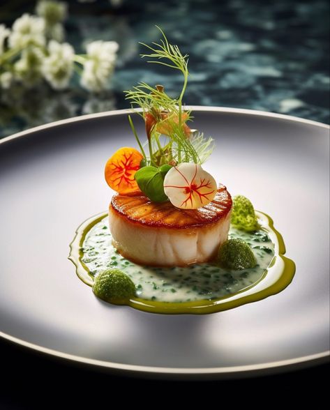 Scallop Plating, Michelin Plating, Seafood Fine Dining, Fish Plating, Fine Dining Starters, Gastronomic Food, Fine Dining Plating, Gourmet Dishes, Food Presentation Plates