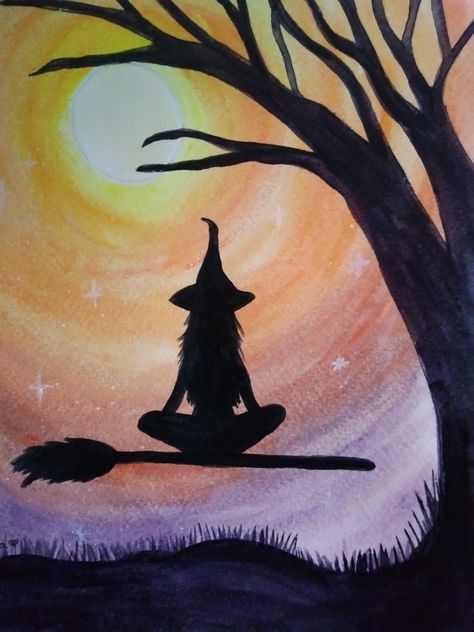 Witch Silhouette Painting, Halloween Scenes To Paint, Step By Step Painting Halloween, Fall Painting Ideas On Canvas Easy, Easy Witchy Paintings, Spooky Watercolor Art, Halloween Diy Painting, Witchy Art Painting, Witch Painting Ideas