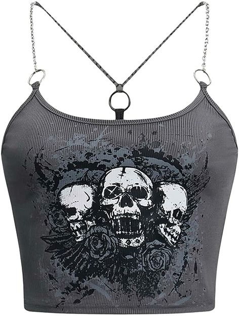 Skull Crop Top, Goth Crop Top, Goth Tops, Y2k Tank Top, Clubwear Outfits, Chunky Combat Boots, Punk Skull, Distressed Mom Jeans, Spaghetti Strap Top