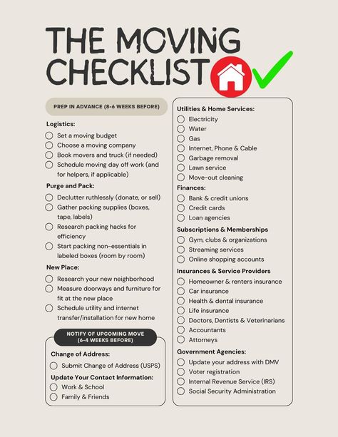 Make moving homes less stressful with my moving checklist. Moving Lists Things To Do, Ultimate Moving Checklist, Quick Moving Tips Packing, Move Out List, How To Pack Up A House For Moving, Moving Checklist Things To Do, Moving In Checklist, Moving Gift Ideas, Moving Out Of State Checklist