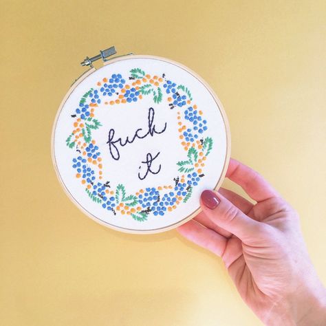 F*ck It Word Embroidery, Taylor Swift And Selena Gomez, Embroidery Wall, Curse Words, Red Nail Polish, Blue Embroidery, Embroidery Hoop Art, Free Makeup, Diy Embroidery