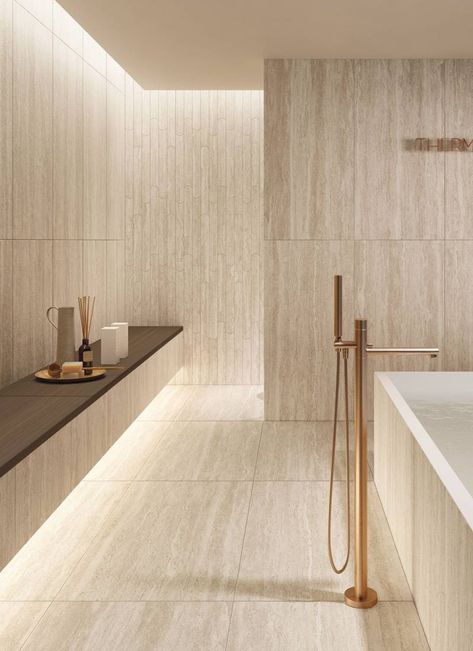 Travertine Tile Bathroom, Neutral Bathroom Tile, Travertine Shower, Modern Floor Tiles, Travertine Bathroom, Vein Cut, Travertine Floors, Modern Tiles, Travertine Tile