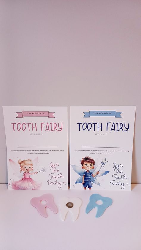 Personalised tooth fairy sets including certificate, tooth pouch and tooth-shaped coin holder.  Set available with pink or blue certificate and pink,blue or white tooth-shaped coin holder. A charming little accessory kit for children who have lost their first tooth, and beyond! This set can assists with the telling of the story about the tooth fairy. You can use the included white organza pouch to put their old tooth in at night, insert a £1 coin to the centre of the flat acrylic tooth (to easily slide under their pillow to leave them a treat and set aside the beautifully illustrated A4 certificate for them to see who left their coin and encourage future good dental hygiene. Both certificate and acrylic tooth-shaped coin holder will be personalised with the childs name (please note this in Blue Certificate, Tooth Fairy Kit, Tooth Fairy Certificate, Tooth Fairy Pillows, Teeth Shape, The Tooth Fairy, Organza Pouch, Tooth Fairy Pillow, First Tooth