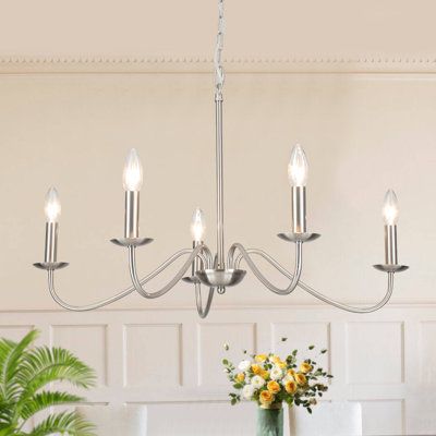 Brushed Nickel Dining Room Lighting, Brushed Nickel Kitchen Lighting, Modern Classic Farmhouse, Nickel Light Fixtures, Candlestick Chandelier, Country Mansion, Brushed Nickel Kitchen, Brushed Nickel Chandelier, Farmhouse Chandeliers