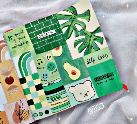 Green Mood Board Aesthetic Painting, Monochromatic Painting Ideas, Green Aesthetic Moodboard, Bullet Journal Hand Lettering, Whimsical Art Journal, Art Tutorials Watercolor, Collage Drawing, Pen Art Drawings, Black And White Art Drawing