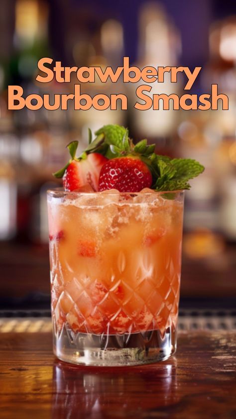 Enjoy the sweet taste of summer with our Strawberry Whiskey Smash recipe. Strawberries and whiskey create a cocktail that's perfect for sipping. #StrawberryBourbonSmash Strawberry Whiskey Smash, Hot Honey Strawberry Bourbon Smash, Girly Whiskey Drinks, Strawberry Whiskey Drinks, Strawberry Bourbon Cocktail, Strawberry Smash Cocktail, Whiskey Smash Cocktail, Strawberry Bourbon Smash, Sweet Bourbon Drinks