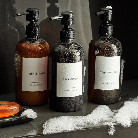 Elevate your space with our sleek bottles, creating a chic spa-like vibe for your home or vacation retreat. Sophistication simplified. Shampoo And Conditioner Dispenser, Bathroom Sink Decor, Bathroom Luxury, Boho Crafts Diy, Shower Soap, Luxury Shower, Amber Bottles, Bath Soak, Shower Accessories