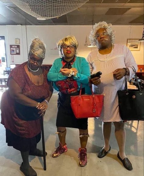 Matching Halloween Outfits Trio, Madea Bam And Hattie Costume, Trio Spirit Week Ideas, Senior Citizen Day Spirit Week Black, Bratz Doll Costume Halloween Ideas Group, Funny Halloween Costumes 4 People, Character Day For Spirit Week, Goofy Trio Pics, Meme Day Outfits Spirit Week Funny