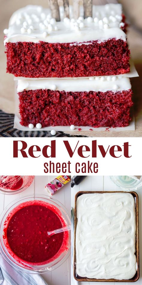 Easy red velvet cake recipe! This simple sheet cake recipe is ready in no time! Red Velvet Cake Bars, Red Velvet Box Cake, Red Velvet Sheet Cake Recipe, Sheet Pie, Red Velvet Sheet Cake, Blondies Bars, 4th Desserts, Dreamsicle Cake, Red Velvet Cake Recipe Easy