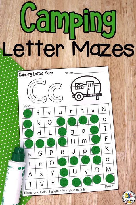 Camping Learning Activities Preschool, Reading Week Ideas, Summer Literacy Activities, Prek Lessons, Camping Theme Preschool, Alphabet Flash Cards Printable, Letter Maze, Reading Week, Maze Worksheet