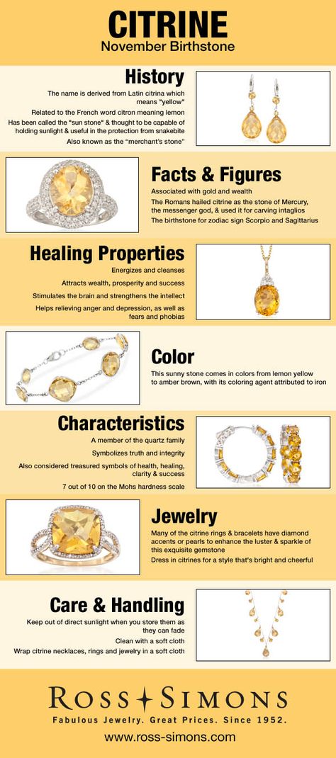 Happy Birthday November Babies! Learn more about your Citrine birthstone in this infographic. #jewelry #RossSimons November Gemstone, November Jewelry, November Stone, Citrine Birthstone, Birth Stones, November Birthstone Ring, Citrine Jewelry, Gemstones And Crystals, Gemstones Crystals