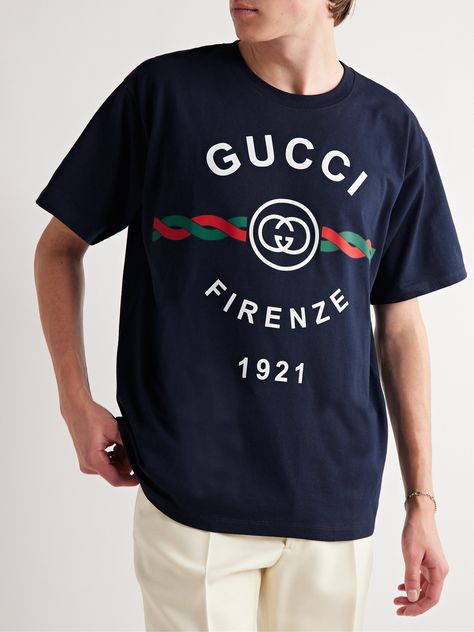 Gucci's T-shirt is emblazoned with the house's logo, founding year and 'Firenze' , which translates to Florence (where the label is based). Made in Italy, it's cut for a loose fit from cotton-jersey with a classic crew neck. Gucci T Shirt Mens, Gucci Collection, Gucci T Shirt, Home Logo, T Shirt For Men, Mr Porter, The Label, Printed Cotton, Florence