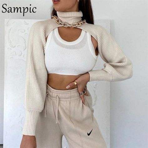 4d6e4749289c4ec58c0063a90deb3964desc51212142ri Cropped Knitted Jumper, Super Crop Top, Casual Turtleneck, Cutout Sweater, Clothing Aesthetic, Ootd Inspo, Cropped Knit Sweater, Cropped Pullover, Cover Beachwear