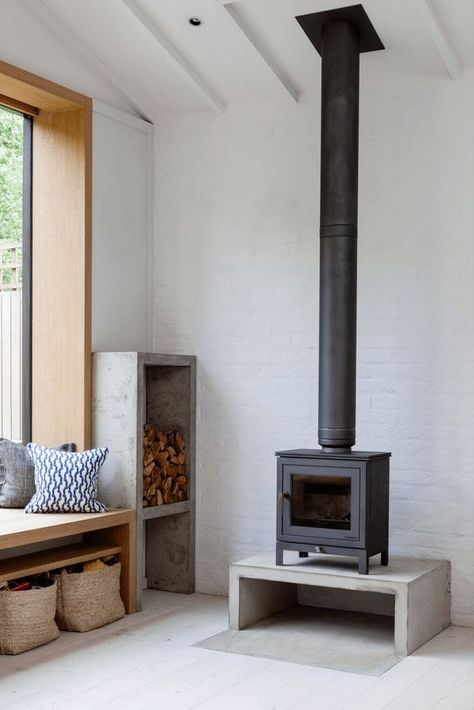 An Edwardian home and a modern extension Modern Extension, Firewood Storage, Style Deco, Wood Burner, Fireplace Design, Wood Burning Stove, A Wood, Wood Stove, Contemporary Kitchen