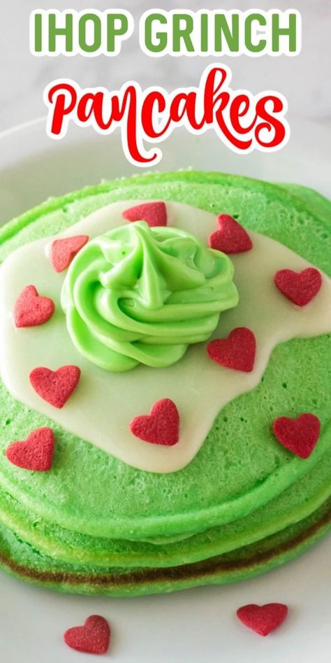 Ihop Pancake Recipe Copycat, Grinch Pancakes, I Hop Pancake Recipe, Christmas Pancakes, Green Pancakes, Whipped Cream Cheese Frosting, Grinch Christmas Party, Candy Sprinkles, Whipped Cream Cheese