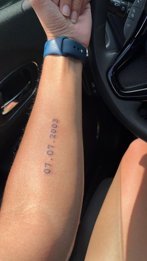 Creative Birthdate Tattoos, Sibling Birthday Tattoo, Cursive Birthday Tattoo, Special Dates Tattoo Ideas, Date On Wrist Tattoo, Roman Numerals Men’s Tattoo, Wedding Date Tattoo Men, Tattoo Ideas Female Birth Date, Date Tattoos On Arm