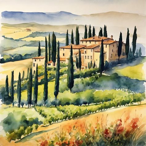 Watercolor Print of a Villa in the Tuscan Italian Countryside. Perfect wall decor for bedrooms, guestroom, living room, dining room, rental property. Tuscan Watercolor, Tuscan Villa Exterior, Tuscany Watercolor, Tuscan Villas, Cyprus Trees, Tuscan Art, Tuscany Villa, Italy Landscape, Tuscan Villa