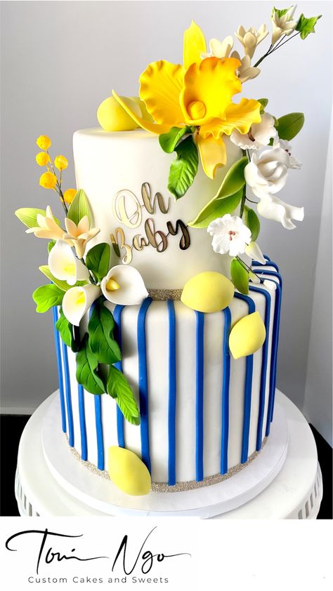 Blue Yellow White Birthday Cake, Greece Themed Cakes, Amalfi Coast Birthday Cake, Capri Theme Party Decor, Positano Cake, Blue And Yellow Bridal Shower Ideas, Lemon And Blue Bridal Shower Theme, Amalfi Coast Cake, Lemon Theme Cake