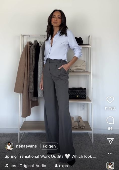 Gray Wide Leg Pants Outfit, Grey Pants Formal, Check Pants Outfit, Blue Shirt Black Pants, Grey Trousers Outfit, Pleated Pants Outfit, Grey Wide Leg Trousers, Corporate Outfit, Gray Outfits