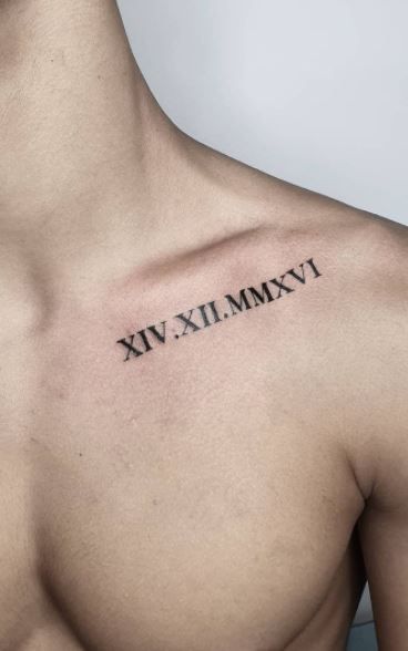 Roman Numbers Tattoo, Datum Tattoo, Roman Tattoo, Tato Dada, Roman Numeral Tattoo, Numeral Tattoo, Small Chest Tattoos, Pola Tato, Simple Tattoos For Guys